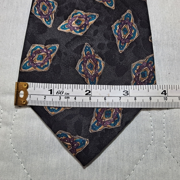 Brandon 💯 Silk Designer Necktie 3.75"x61" Extra Long Black/Turq/Purple Diamonds - Picture 8 of 9